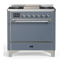 ILVE Majestic III 36-inch Dual Fuel Range with 6 Natural Gas Burner, Griddle and Solid Door Electric Oven in Blue Grey with Chrome Trim (UM36FQNR3BGC)
