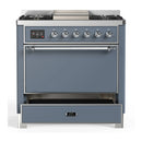 ILVE Majestic III 36-inch Dual Fuel Range with 6 Natural Gas Burner, Griddle and Solid Door Electric Oven in Blue Grey with Chrome Trim (UM36FQNR3BGC)