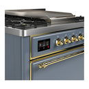 ILVE Majestic III 36-inch Dual Fuel Range with 6 Natural Gas Burner, Griddle and Solid Door Electric Oven in Blue Grey with Brass Trim (UM36FQNR3BGG)