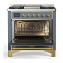 ILVE Majestic III 36-inch Dual Fuel Range with 6 Natural Gas Burner, Griddle and Solid Door Electric Oven in Blue Grey with Brass Trim (UM36FQNR3BGG)