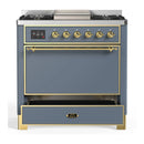 ILVE Majestic III 36-inch Dual Fuel Range with 6 Natural Gas Burner, Griddle and Solid Door Electric Oven in Blue Grey with Brass Trim (UM36FQNR3BGG)