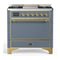 ILVE Majestic III 36-inch Dual Fuel Range with 6 Natural Gas Burner, Griddle and Solid Door Electric Oven in Blue Grey with Brass Trim (UM36FQNR3BGG)