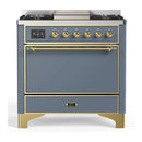 ILVE Majestic III 36-inch Dual Fuel Range with 5 Liquid Propane Burner, Griddle and Solid Door Electric Oven in Blue Grey with Brass Trim (UM36FQNR3BGGLP)