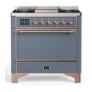 ILVE Majestic III 36-inch Dual Fuel Range with 6 Natural Gas Burner, Griddle and Solid Door Electric Oven in Blue Grey with Copper Trim (UM36FQNR3BGP)
