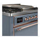 ILVE Majestic III 36-inch Dual Fuel Range with 6 Natural Gas Burner, Griddle and Solid Door Electric Oven in Blue Grey with Copper Trim (UM36FQNR3BGP)