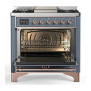 ILVE Majestic III 36-inch Dual Fuel Range with 6 Natural Gas Burner, Griddle and Solid Door Electric Oven in Blue Grey with Copper Trim (UM36FQNR3BGP)