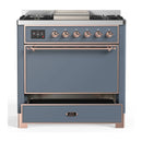 ILVE Majestic III 36-inch Dual Fuel Range with 6 Natural Gas Burner, Griddle and Solid Door Electric Oven in Blue Grey with Copper Trim (UM36FQNR3BGP)
