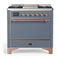 ILVE Majestic III 36-inch Dual Fuel Range with 6 Natural Gas Burner, Griddle and Solid Door Electric Oven in Blue Grey with Copper Trim (UM36FQNR3BGP)