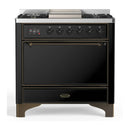 ILVE Majestic III 36-inch Dual Fuel Range with 6 Natural Gas Burner, Griddle and Solid Door Electric Oven in Glossy Black with Burnished Trim (UM36FQNR3BKB)