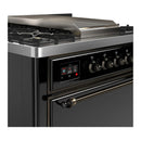 ILVE Majestic III 36-inch Dual Fuel Range with 6 Natural Gas Burner, Griddle and Solid Door Electric Oven in Glossy Black with Burnished Trim (UM36FQNR3BKB)