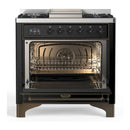 ILVE Majestic III 36-inch Dual Fuel Range with 6 Natural Gas Burner, Griddle and Solid Door Electric Oven in Glossy Black with Burnished Trim (UM36FQNR3BKB)
