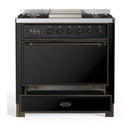 ILVE Majestic III 36-inch Dual Fuel Range with 6 Natural Gas Burner, Griddle and Solid Door Electric Oven in Glossy Black with Burnished Trim (UM36FQNR3BKB)
