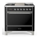 ILVE Majestic III 36-inch Dual Fuel Range with 6 Natural Gas Burner, Griddle and Solid Door Electric Oven in Glossy Black with Chrome Trim (UM36FQNR3BKC)