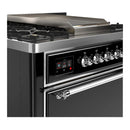 ILVE Majestic III 36-inch Dual Fuel Range with 6 Natural Gas Burner, Griddle and Solid Door Electric Oven in Glossy Black with Chrome Trim (UM36FQNR3BKC)