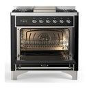 ILVE Majestic III 36-inch Dual Fuel Range with 6 Natural Gas Burner, Griddle and Solid Door Electric Oven in Glossy Black with Chrome Trim (UM36FQNR3BKC)