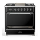 ILVE Majestic III 36-inch Dual Fuel Range with 6 Natural Gas Burner, Griddle and Solid Door Electric Oven in Glossy Black with Chrome Trim (UM36FQNR3BKC)