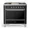 ILVE Majestic III 36-inch Dual Fuel Range with 6 Natural Gas Burner, Griddle and Solid Door Electric Oven in Glossy Black with Chrome Trim (UM36FQNR3BKC)
