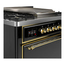 ILVE Majestic III 36-inch Dual Fuel Range with 6 Natural Gas Burner, Griddle and Solid Door Electric Oven in Glossy Black with Brass Trim (UM36FQNR3BKG)