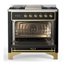 ILVE Majestic III 36-inch Dual Fuel Range with 5 Liquid Propane Burner, Griddle and Solid Door Electric Oven in Glossy Black with Brass Trim (UM36FQNR3BKGLP)
