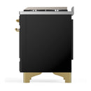 ILVE Majestic III 36-inch Dual Fuel Range with 6 Natural Gas Burner, Griddle and Solid Door Electric Oven in Glossy Black with Brass Trim (UM36FQNR3BKG)