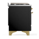 ILVE Majestic III 36-inch Dual Fuel Range with 6 Natural Gas Burner, Griddle and Solid Door Electric Oven in Glossy Black with Brass Trim (UM36FQNR3BKG)