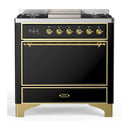 ILVE Majestic III 36-inch Dual Fuel Range with 5 Liquid Propane Burner, Griddle and Solid Door Electric Oven in Glossy Black with Brass Trim (UM36FQNR3BKGLP)