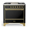 ILVE Majestic III 36-inch Dual Fuel Range with 6 Natural Gas Burner, Griddle and Solid Door Electric Oven in Glossy Black with Brass Trim (UM36FQNR3BKG)