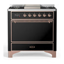 ILVE Majestic III 36-inch Dual Fuel Range with 6 Natural Gas Burner, Griddle and Solid Door Electric Oven in Glossy Black with Copper Trim (UM36FQNR3BKP)