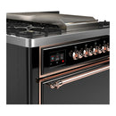 ILVE Majestic III 36-inch Dual Fuel Range with 6 Natural Gas Burner, Griddle and Solid Door Electric Oven in Glossy Black with Copper Trim (UM36FQNR3BKP)