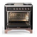 ILVE Majestic III 36-inch Dual Fuel Range with 6 Natural Gas Burner, Griddle and Solid Door Electric Oven in Glossy Black with Copper Trim (UM36FQNR3BKP)