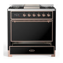 ILVE Majestic III 36-inch Dual Fuel Range with 6 Natural Gas Burner, Griddle and Solid Door Electric Oven in Glossy Black with Copper Trim (UM36FQNR3BKP)