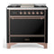 ILVE Majestic III 36-inch Dual Fuel Range with 6 Natural Gas Burner, Griddle and Solid Door Electric Oven in Glossy Black with Copper Trim (UM36FQNR3BKP)
