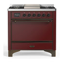 ILVE Majestic III 36-inch Dual Fuel Range with 6 Natural Gas Burner, Griddle and Solid Door Electric Oven in Burgundy with Burnished Trim (UM36FQNR3BUB)