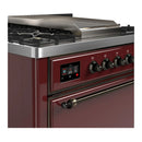 ILVE Majestic III 36-inch Dual Fuel Range with 6 Natural Gas Burner, Griddle and Solid Door Electric Oven in Burgundy with Burnished Trim (UM36FQNR3BUB)