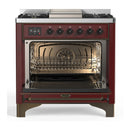 ILVE Majestic III 36-inch Dual Fuel Range with 6 Natural Gas Burner, Griddle and Solid Door Electric Oven in Burgundy with Burnished Trim (UM36FQNR3BUB)