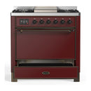 ILVE Majestic III 36-inch Dual Fuel Range with 5 Liquid Propane Burner, Griddle and Solid Door Electric Oven in Burgundy with Burnished Trim (UM36FQNR3BUBLP)