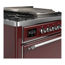 ILVE Majestic III 36-inch Dual Fuel Range with 6 Natural Gas Burner, Griddle and Solid Door Electric Oven in Burgundy with Chrome Trim (UM36FQNR3BUC)