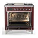 ILVE Majestic III 36-inch Dual Fuel Range with 6 Natural Gas Burner, Griddle and Solid Door Electric Oven in Burgundy with Chrome Trim (UM36FQNR3BUC)