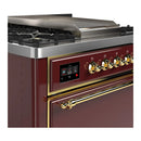 ILVE Majestic III 36-inch Dual Fuel Range with 5 Liquid Propane Burner, Griddle and Solid Door Electric Oven in Burgundy with Brass Trim (UM36FQNR3BUGLP)