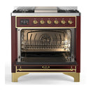 ILVE Majestic III 36-inch Dual Fuel Range with 6 Natural Gas Burner, Griddle and Solid Door Electric Oven in Burgundy with Brass Trim (UM36FQNR3BUG)