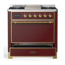 ILVE Majestic III 36-inch Dual Fuel Range with 6 Natural Gas Burner, Griddle and Solid Door Electric Oven in Burgundy with Brass Trim (UM36FQNR3BUG)