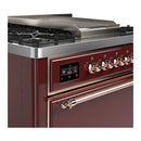 ILVE Majestic III 36-inch Dual Fuel Range with 6 Natural Gas Burner, Griddle and Solid Door Electric Oven in Burgundy with Copper Trim (UM36FQNR3BUP)