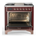 ILVE Majestic III 36-inch Dual Fuel Range with 5 Liquid Propane Burner, Griddle and Solid Door Electric Oven in Burgundy with Copper Trim (UM36FQNR3BUPLP)