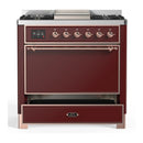 ILVE Majestic III 36-inch Dual Fuel Range with 6 Natural Gas Burner, Griddle and Solid Door Electric Oven in Burgundy with Copper Trim (UM36FQNR3BUP)