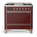 ILVE Majestic III 36-inch Dual Fuel Range with 5 Liquid Propane Burner, Griddle and Solid Door Electric Oven in Burgundy with Copper Trim (UM36FQNR3BUPLP)