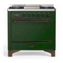 ILVE Majestic III 36-inch Dual Fuel Range with 6 Natural Gas Burner, Griddle and Solid Door Electric Oven in Emerald Green with Burnished Trim (UM36FQNR3EGB)