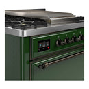 ILVE Majestic III 36-inch Dual Fuel Range with 6 Natural Gas Burner, Griddle and Solid Door Electric Oven in Emerald Green with Burnished Trim (UM36FQNR3EGB)