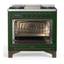 ILVE Majestic III 36-inch Dual Fuel Range with 6 Natural Gas Burner, Griddle and Solid Door Electric Oven in Emerald Green with Burnished Trim (UM36FQNR3EGB)