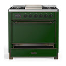 ILVE Majestic III 36-inch Dual Fuel Range with 5 Liquid Propane Burner, Griddle and Solid Door Electric Oven in Emerald Green with Burnished Trim (UM36FQNR3EGBLP)