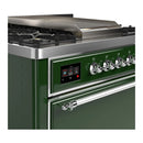ILVE Majestic III 36-inch Dual Fuel Range with 6 Natural Gas Burner, Griddle and Solid Door Electric Oven in Emerald Green with Chrome Trim (UM36FQNR3EGC)
